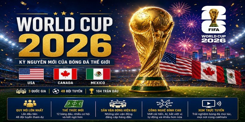 Poster nổi bật về world cup 2026 với hình ảnh cúp vàng FIFA